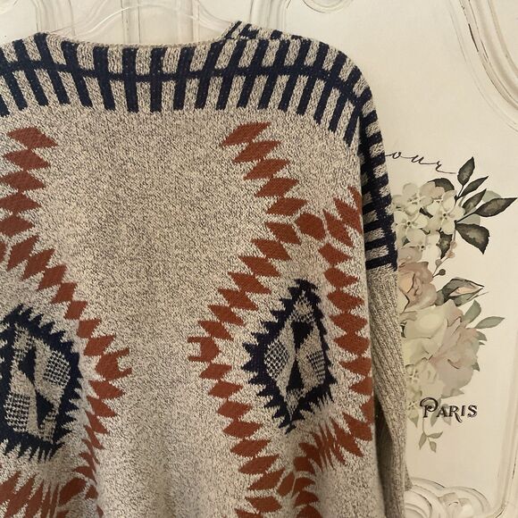Oceanus Tribal Fringe Cardigan Sweater Women's Large Open Front Boho Aztec Knit - Picture 9 of 13
